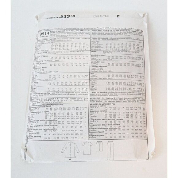 McCall's 9219 Sewing Pattern Misses' Jacket Pants Skirt Top Size 20 22 24 Uncut - Picture 4 of 4